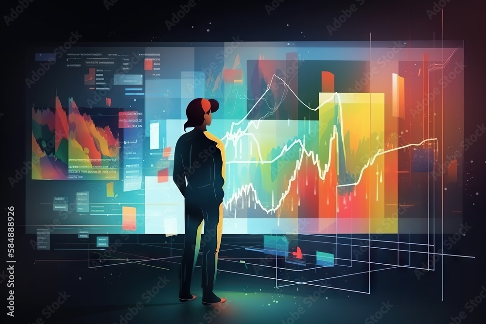 Poster a person standing in front of a colorful background with graphs and graphs workshop graphic design d