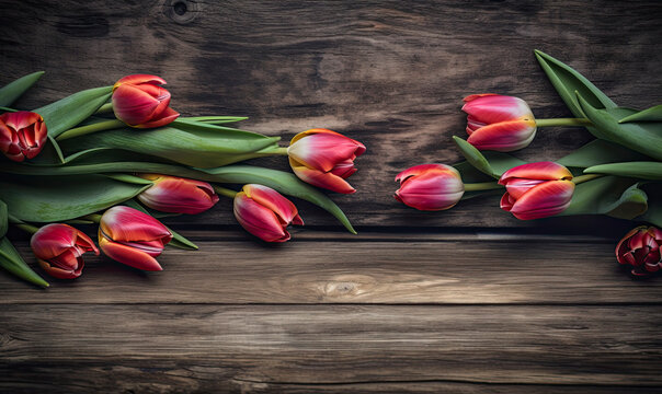 tulip flowers on old wood, flat lay with copy space created with Generative AI technology