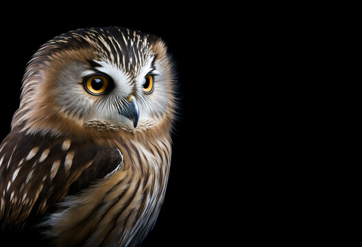 Stunning Saw Whet Owl Staring Intensely on Black Background - AI Generated Fine Art Fantasy Image by Generative AI.