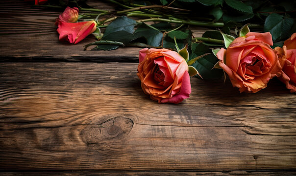 pink and yellow roses on old wood, flat lay with copy space created with Generative AI technology