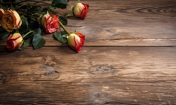 yellow and red roses on old wood, flat lay with copy space created with Generative AI technology