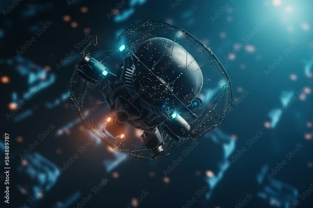 Poster a space station with a satellite vehicle in the foreground and a blue background arcade animation mo