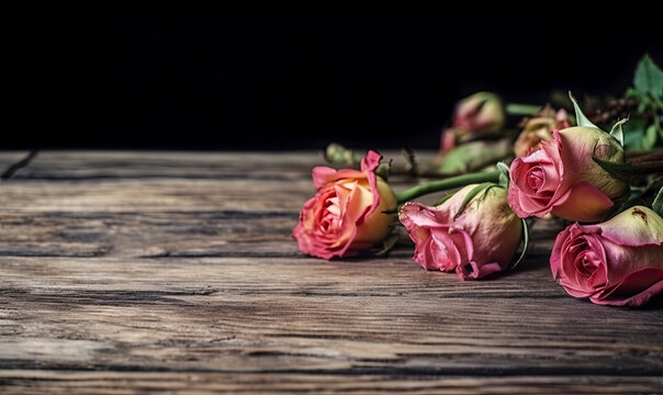 pink roses on old wood, flat lay with copy space created with Generative AI technology