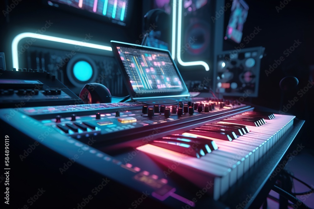Poster a computer keyboard with a laptop on top of it in a room recording studio animation consumer electro