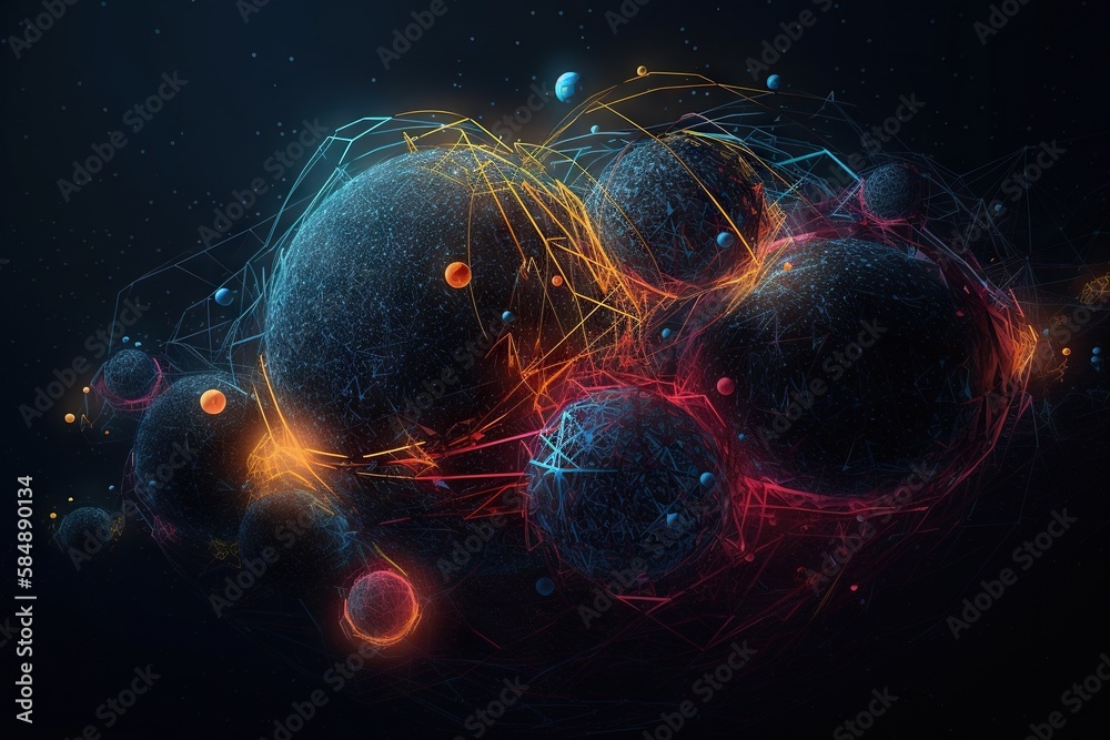 Poster a computer generated image of a cluster of spheres and lines in space lunar landscape animation moti