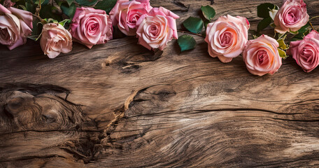 pink roses on old wood, flat lay with copy space created with Generative AI technology