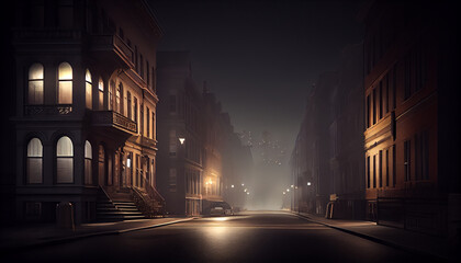 Fototapeta na wymiar Nightfall settling on dark city streets, illuminated windows ,generative AI