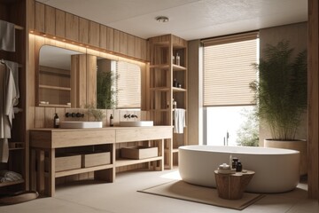Fototapeta na wymiar White and beige farmhouse bathroom. Mirrored wooden washbasin. Paper door, carpet, tiles, and decor. Japanese interiors. Generative AI