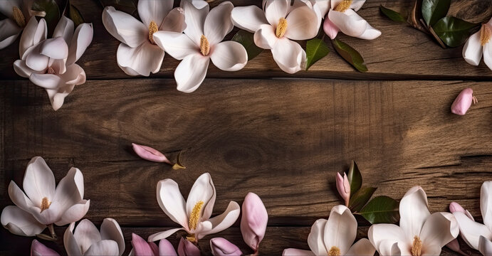 Magnolia flowers on old wood, flat lay with copy space created with Generative AI technology