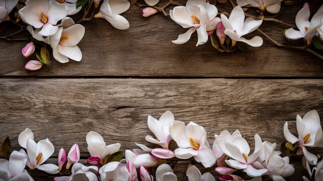 Magnolia flowers on old wood, flat lay with copy space created with Generative AI technology