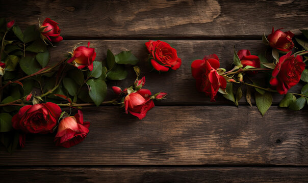 red roses on old wood, flat lay with copy space created with Generative AI technology