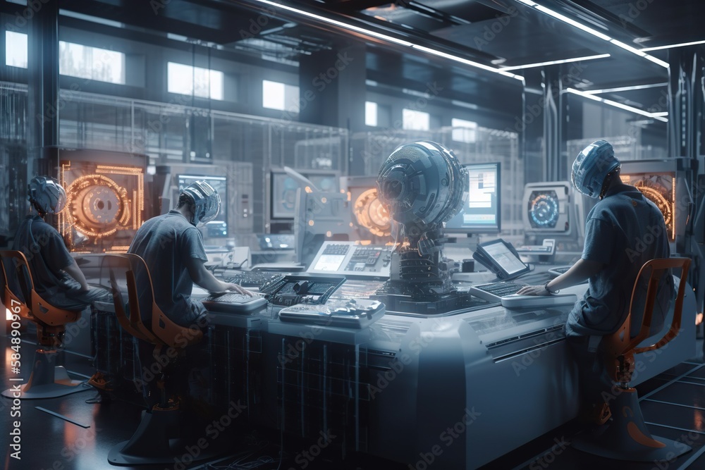 Poster A Group Of People Working On A Machine In A Factory With A Lot Of Monitors Factory Animation Robotics Engineering Generative AI 