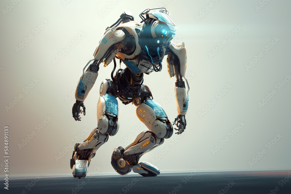 Poster a robot is walking on a gray surface with a light shining on it arcade animation robotics engineerin