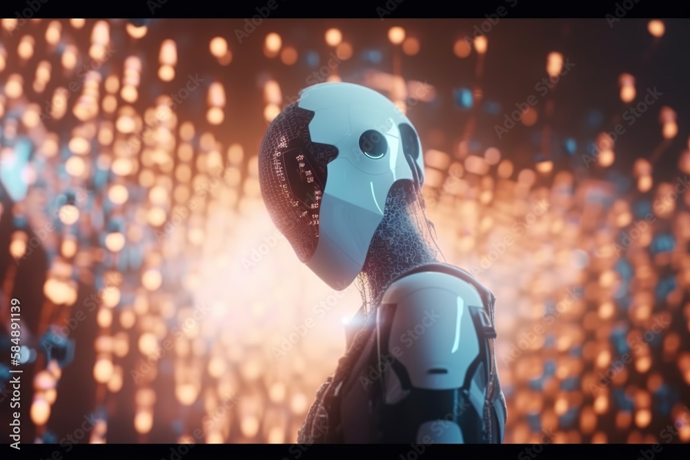 Poster a robot with a helmet and a body suit on looking at a background of lights arcade animation artifici