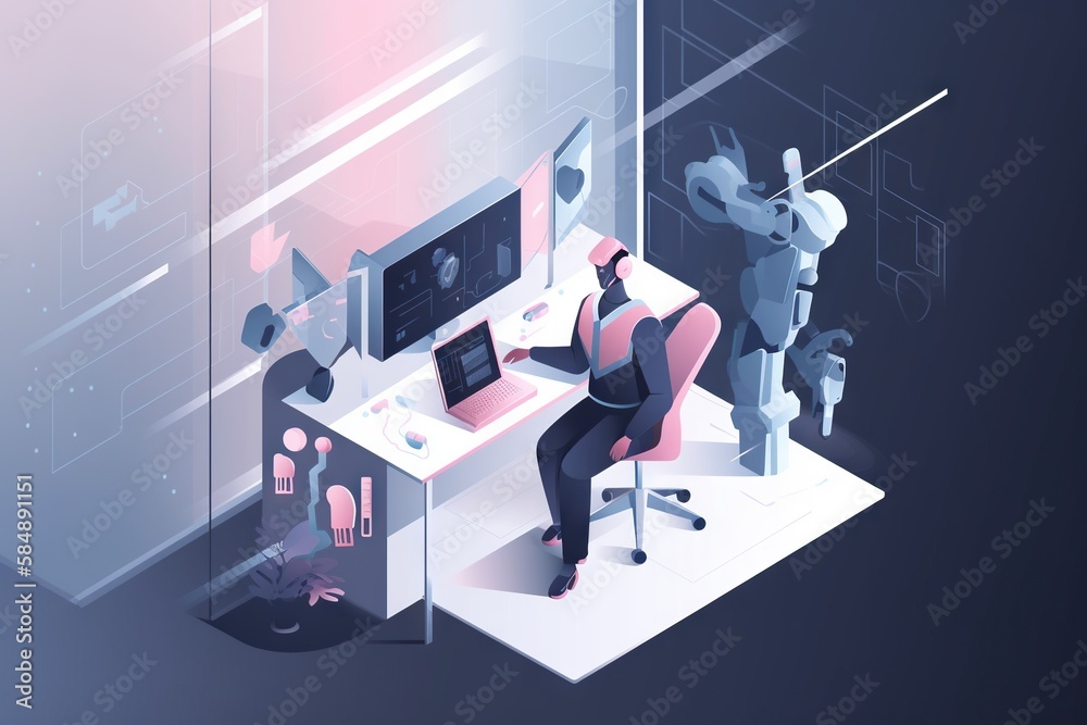 Poster a man sitting at a desk in front of a monitor with a robot on it workshop animation web development
