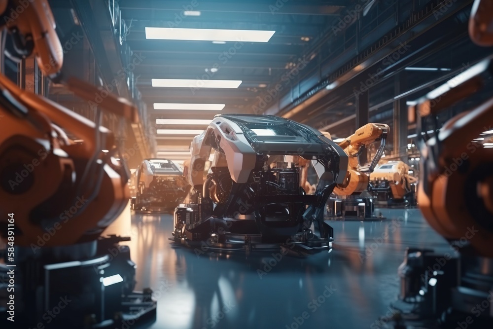 Poster a group of robots are in a large building with a car factory animation robotics engineering generati