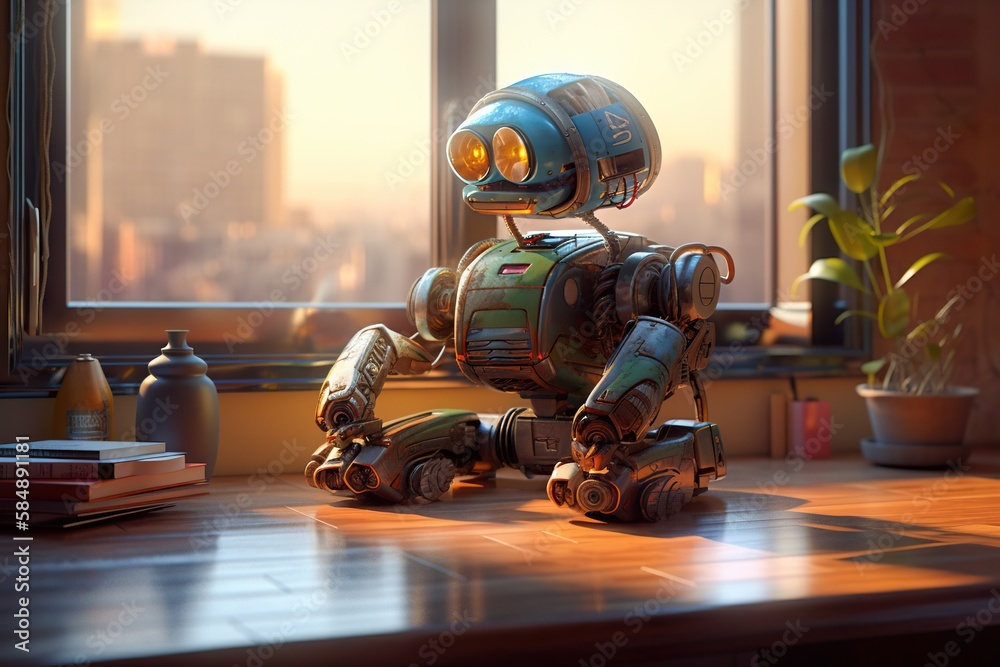 Poster a robot sitting on a table in front of a window with a plant workshop animation robotics engineering