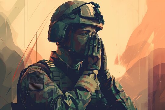 A Soldier In Camouflage Holding His Hand To His Face With A Desert Background Military Base Digital Art Digital Illustration Generative AI 