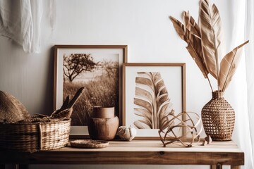 Boho wooden photo frames on grey tiles. Still life. Dried palm leaf vase. Beautiful minimalist interior, white walls and ancient doors. Home. Generative AI