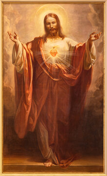 GENOVA, ITALY - MARCH 6, 2023: The painting of Heart of Jesus in the church Chiesa di Santa Marta by Mattia Traverso (1945).