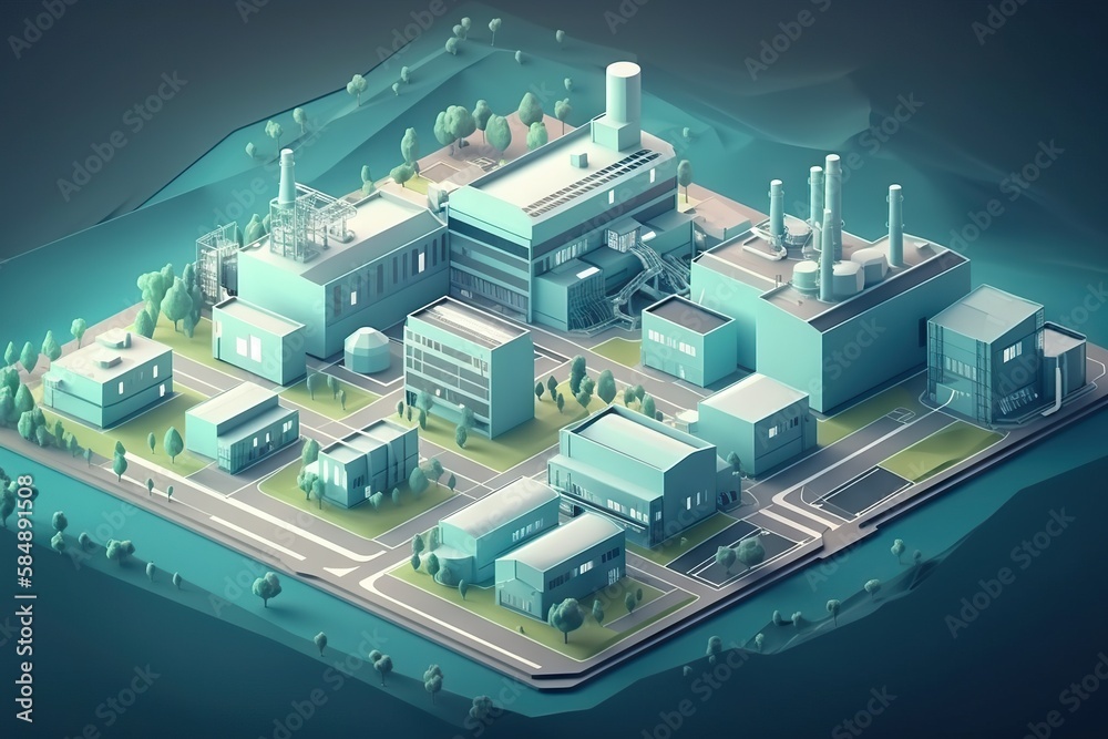 Poster a computer generated image of a factory complex in the middle of the ocean factory animation motion 