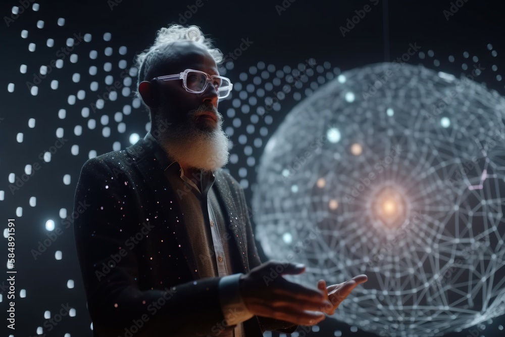 Poster a man with a beard and glasses standing in front of a projection lunar landscape animation motion gr