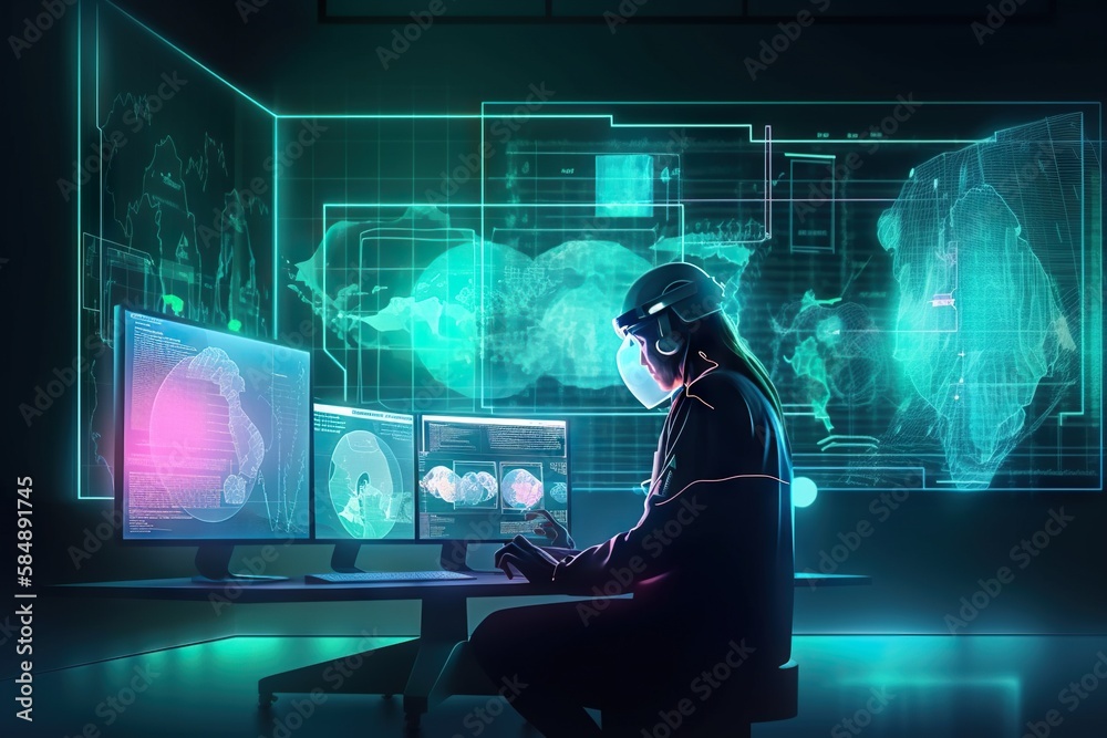 Poster a person sitting at a desk with a computer and headphones factory animation data analytics generativ