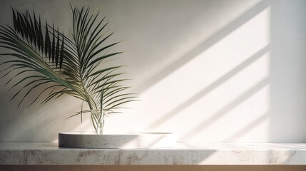 Modern minimal empty white marble stone counter table top, palm tree in sunlight, leaf shadow on concrete wall background for luxury organic cosmetic, skin care, beauty treatment product display 3D