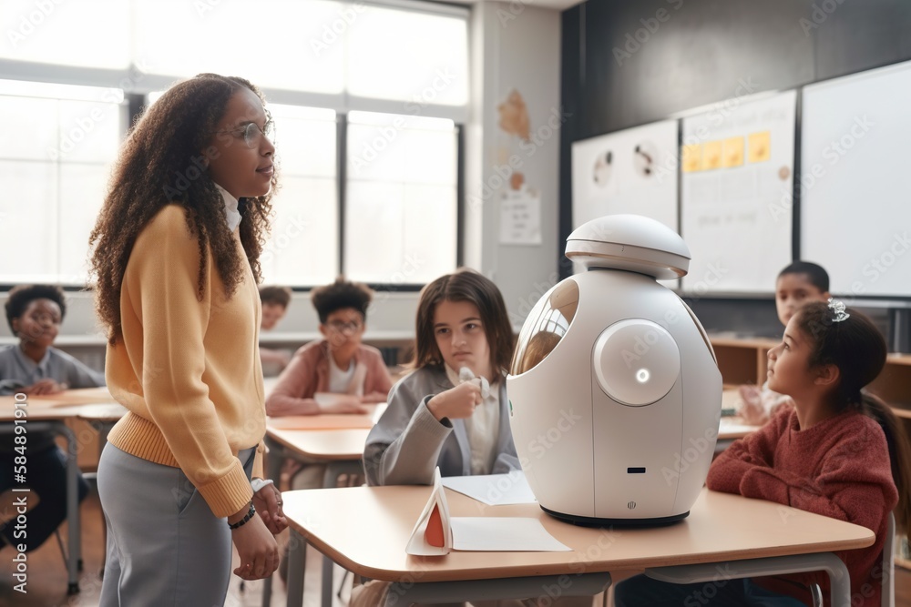 Poster A Woman Standing In Front Of A Robot In A Classroom With Other Children Classroom Animation Robotics Engineering Generative AI 