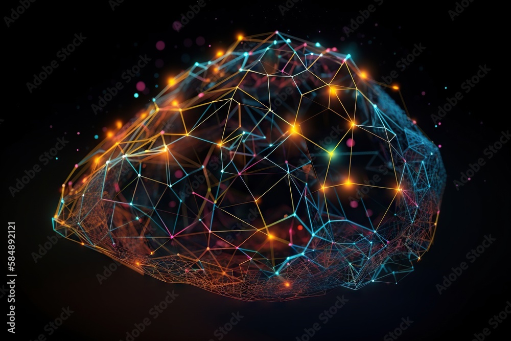 Poster a computer generated brain with a lot of dots and lines on it deep sea trench video art natural lang