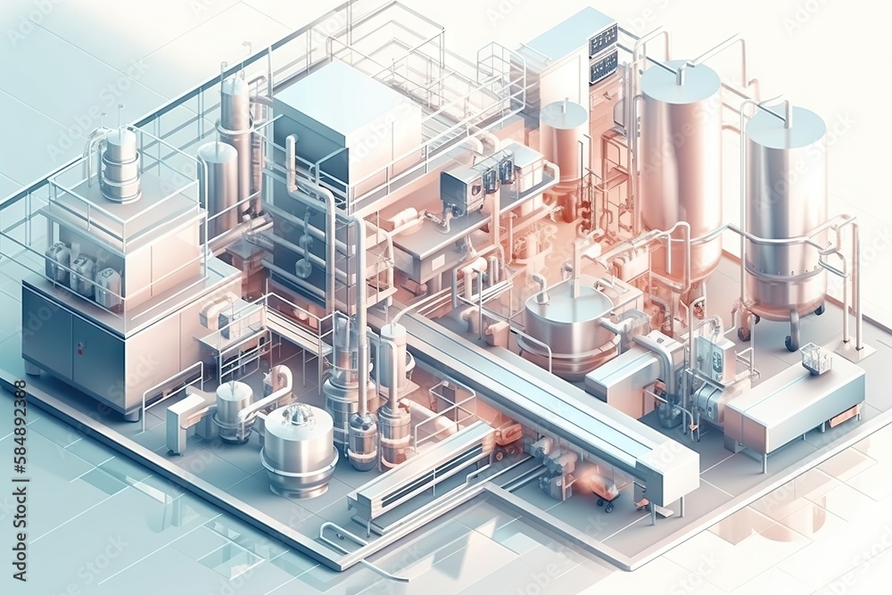 Poster a computer generated image of a factory with pipes and tanks on a white background factory animation