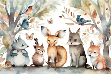 Zelfklevend Fotobehang Boho dieren Adorable animals in trees, Kids room wallpaper design. Generative AI
