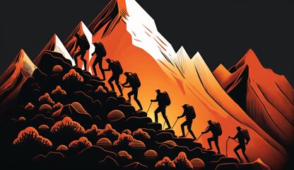 illustration Leader leads his men to the top of the mountain and reach the goal