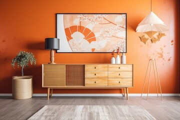 White orange Japanese living room. Hardwood dresser with frame prototype. Wallpaper, parquet. Modern decor,. Generative AI
