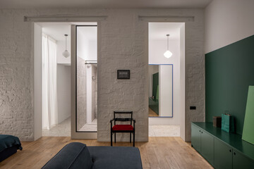 Green loft interior of cozy living room. Interior Design