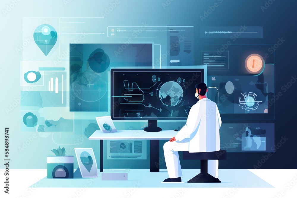 Poster A Man In A Lab Coat Sitting At A Desk In Front Of A Computer Workshop Graphic Design Data Analytics Generative AI 