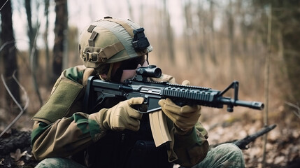 Fototapeta premium Soldier in modern equipment in the forest. generative AI