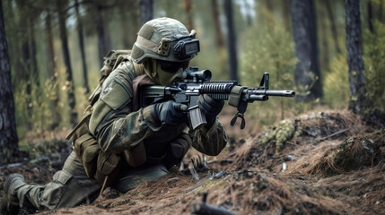 Soldier in modern equipment in the forest. generative AI