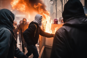Protest crowd, hooligans, riots, revolution. Streets on fire and destruction. generative AI