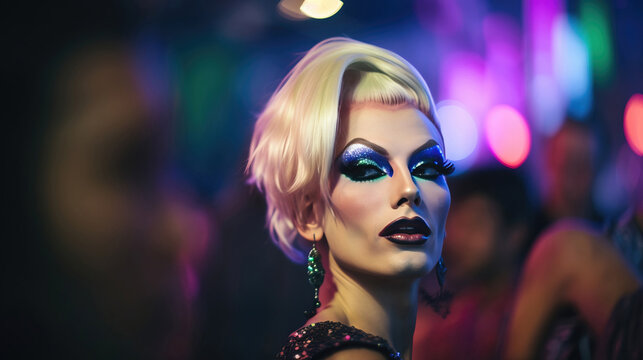 Beautiful drag queen creative portrait. Randomly generated face with colorful makeup . generative AI