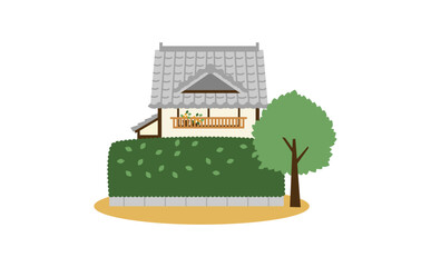 生垣と日本家屋のイラスト