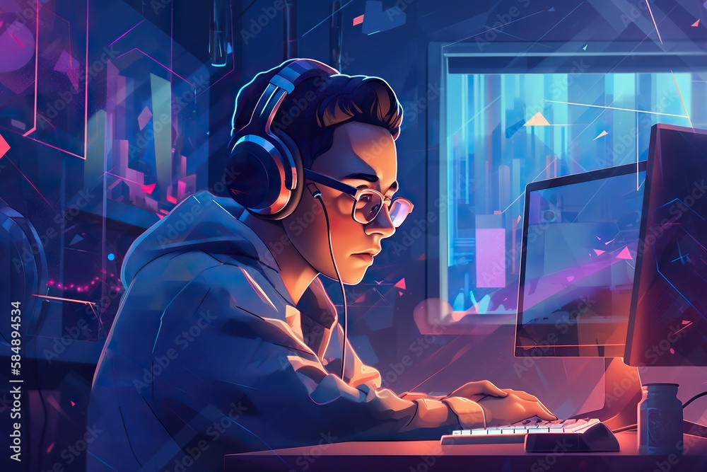 Poster a man wearing headphones and using a computer at night time factory graphic design computer programm