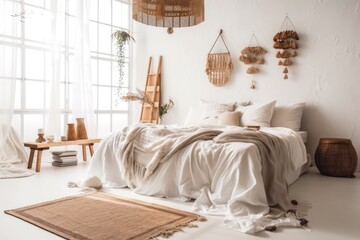 Obraz na płótnie Canvas home hygge. White boho bedroom with coffee table, straw light, and cozy bed with cushions, copy space. white draped bed. Scandinavian style room. Generative AI