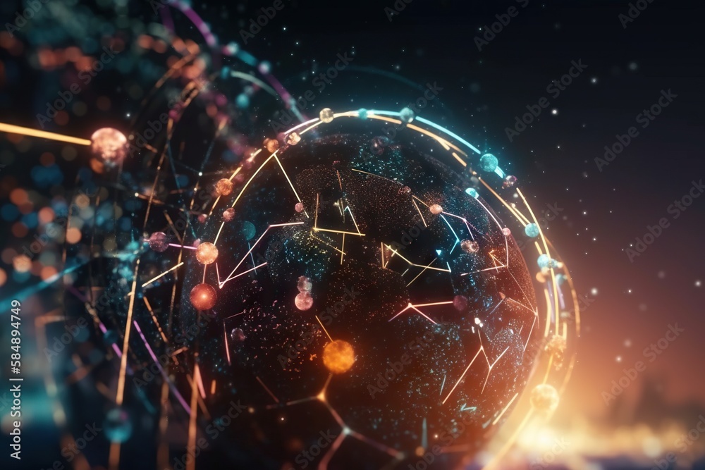 Poster a sphere with many lines and dots on it with a city in the background deep sea trench animation moti