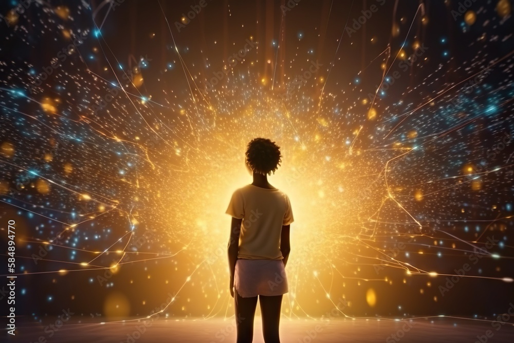 Fototapete A Person Standing In Front Of A Bright Light With Fireworks In The Background Science Museum Animation Motion Graphics Generative AI 
