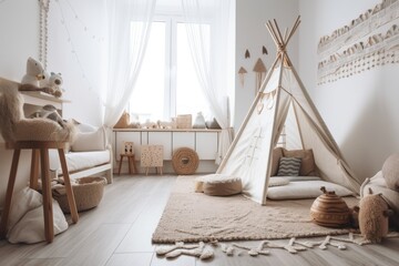 Fototapeta na wymiar Play tipi tent in child's room. Nordic. Wigwam. Decorated boho cottage. Generative AI