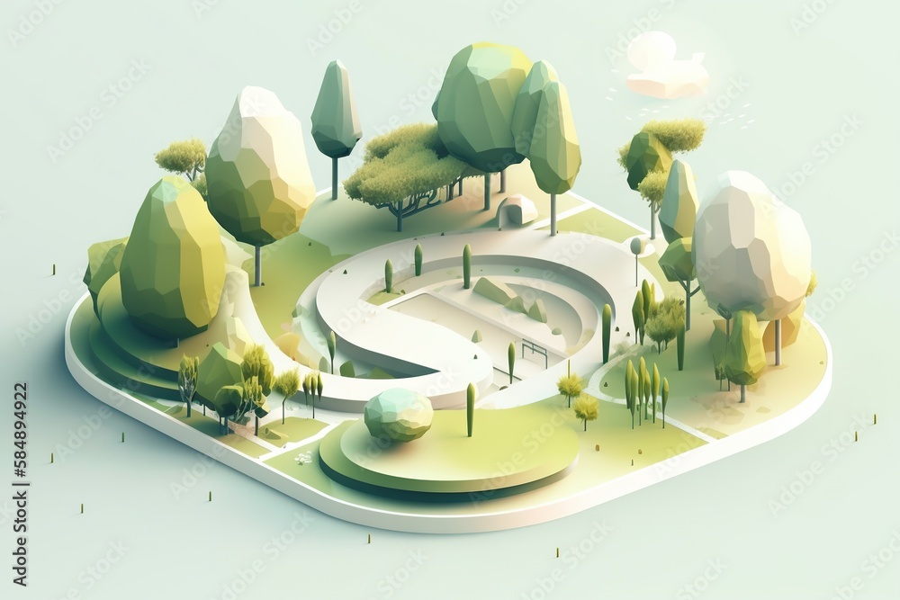 Poster a 3d rendering of a park with trees and a circular bench park environmental art environment generati