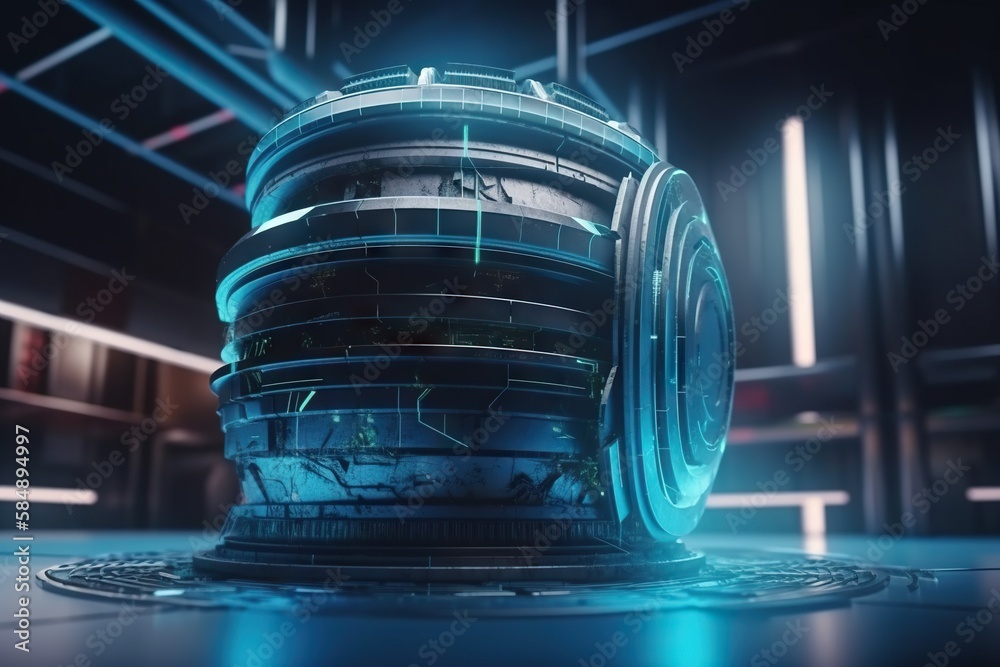 Poster a futuristic looking building with a clock on the front of it factory animation motion graphics gene