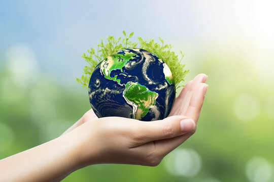 Hand holding green earth isolated on blurred background, mother earth day illustration. Created with Generative AI Technology