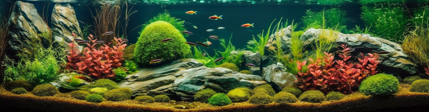 Aquarium, aquascaping example, with plants and fishes, panoramic banner, AI generative